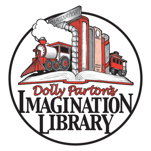 The logo for dolly parton 's imagination library shows a train coming out of a book.