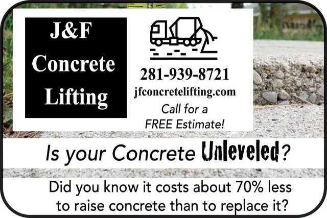 Advertisement for J&F Concrete Lifting. Contact information and a message about the cost savings of raising concrete.