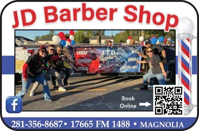 JD Barber Shop advertisement with a group, barber pole, and contact information.