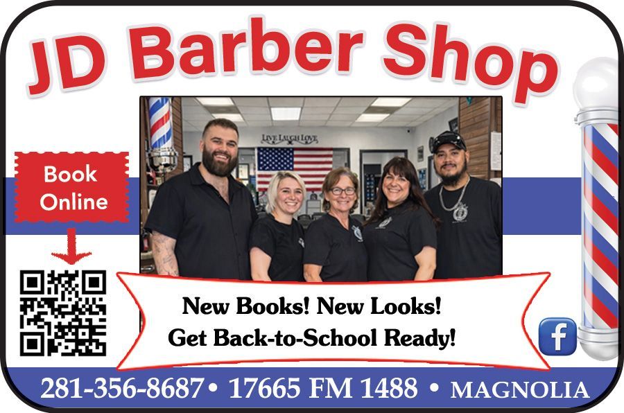 JD Barber Shop ad with four staff in a barbershop, “New Books! New Looks! Get Back-to-School Ready!”