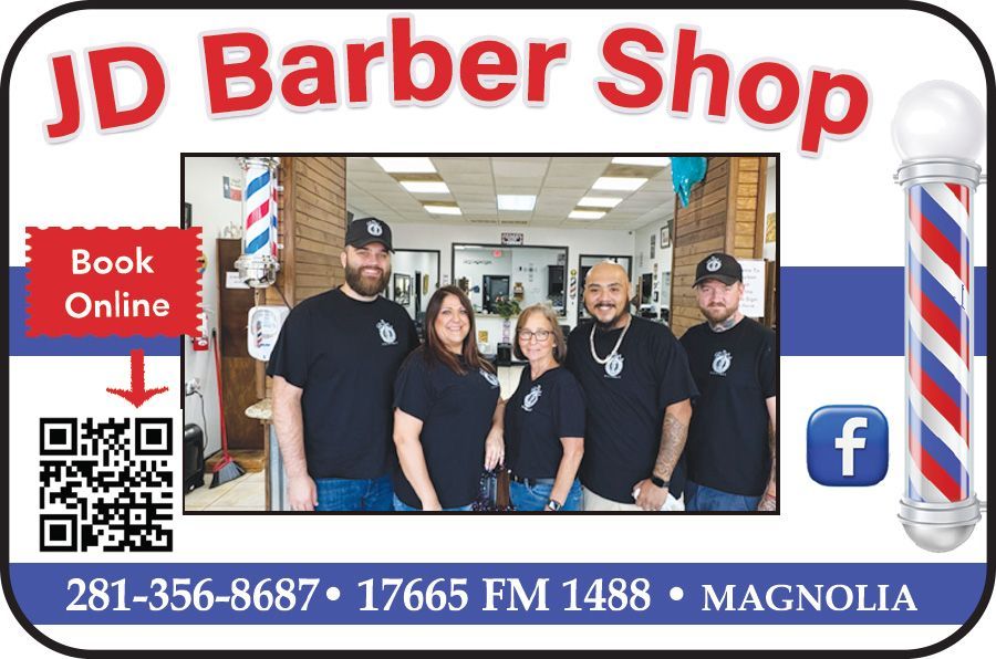 JD Barber Shop advertisement with a group, barber pole, and contact information.