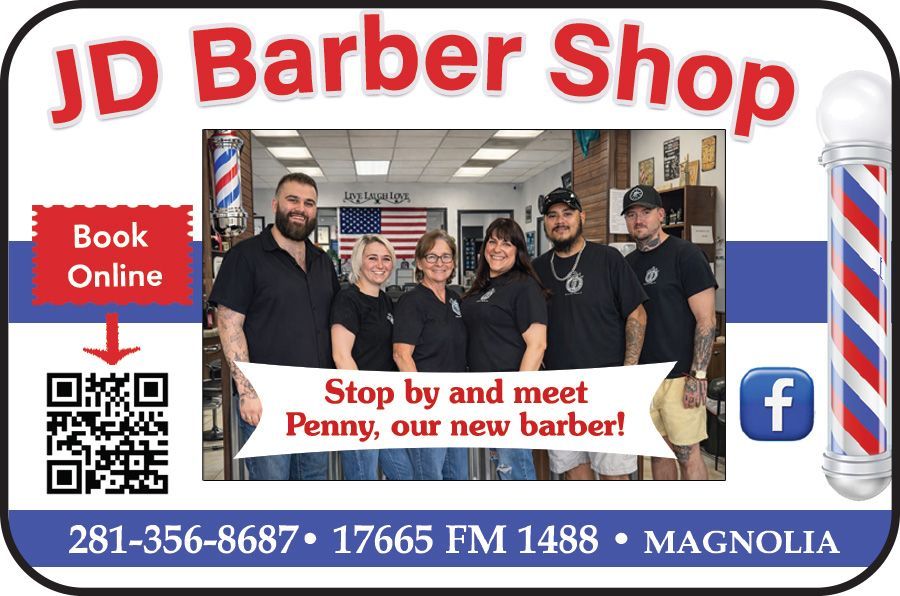JD Barber Shop advertisement with a group, barber pole, and contact information.