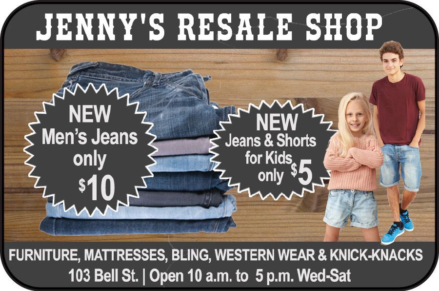Jenny’s Resale Shop ad for men’s jeans, kids’ jeans and shorts, and other used goods, with store hours and address