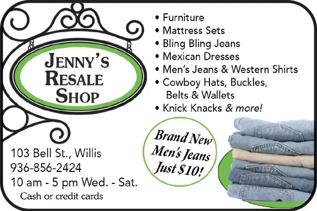 Advertisement for Jenny's Resale Shop in Willis, TX. 