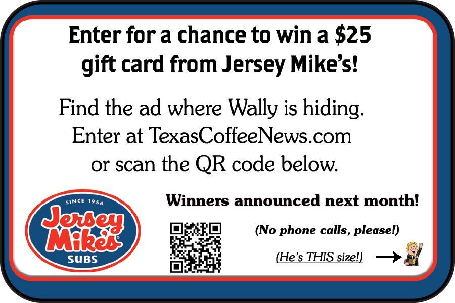 Jersey Mike’s raffle sign promoting a $25 gift card contest, with QR code and TexasCoffeeNews.com details