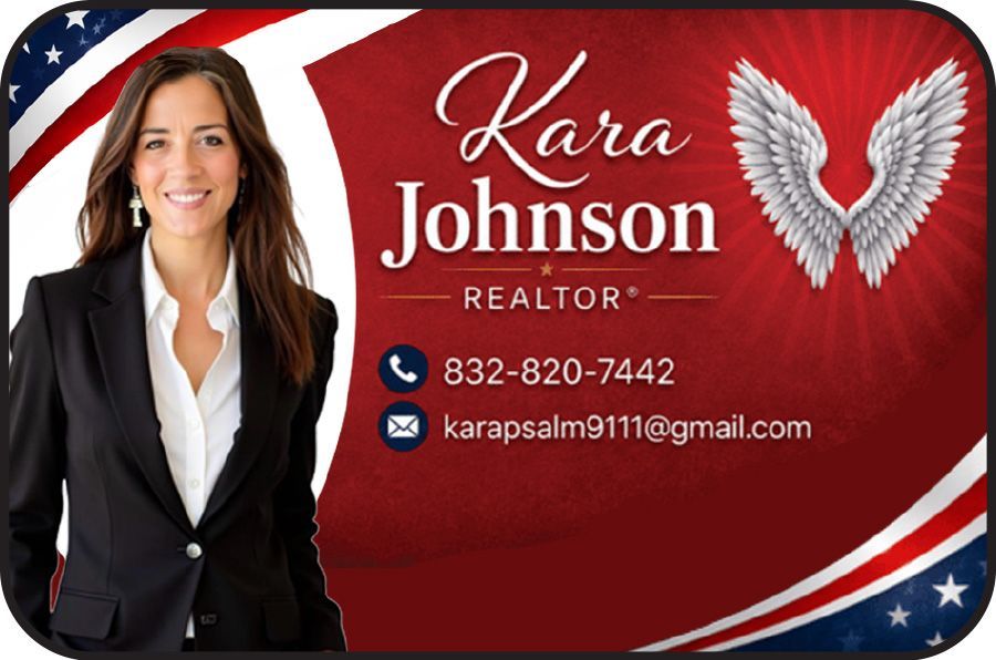 Business card for real estate agent Kara Johnson with her photo, phone, email, website, and the eXp Realty logo.