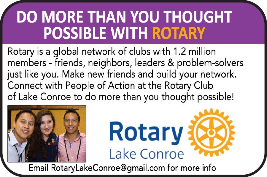 Rotary Club of Lake Conroe recruitment flyer with logo, purple header, and three smiling people photo