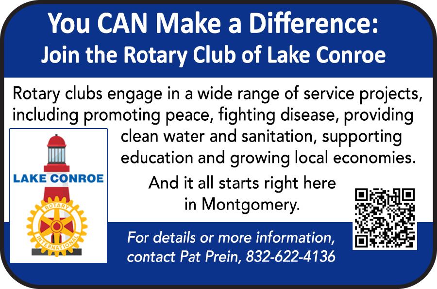 Rotary Club of Lake Conroe recruitment flyer with logo, blue header, and contact info for Pat Prein
