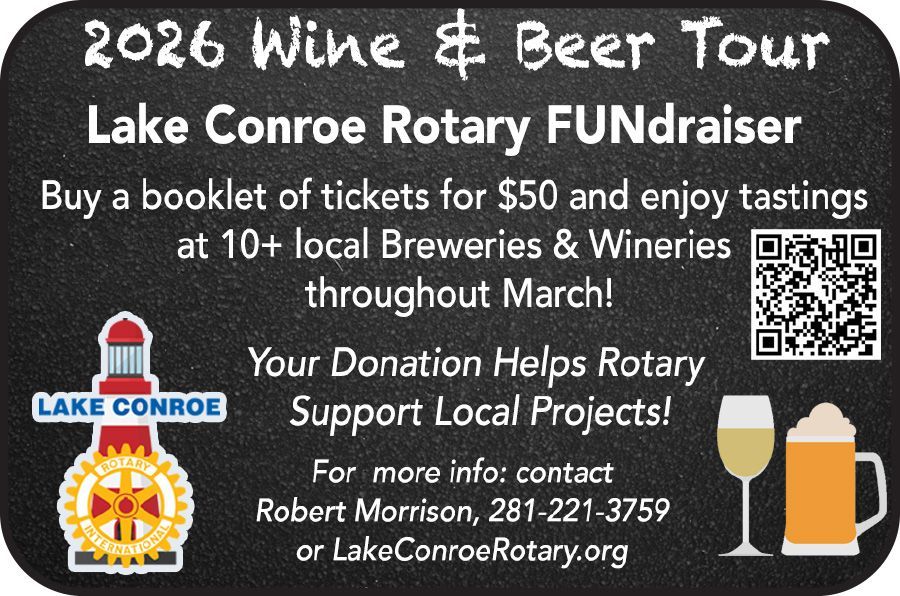 Advertisement for Rotary Club of Lake Conroe. Blue background, logo, text about service projects. Contact info.