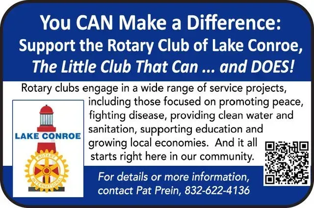 Advertisement for Rotary Club of Lake Conroe. Blue background, logo, text about service projects. Contact info.