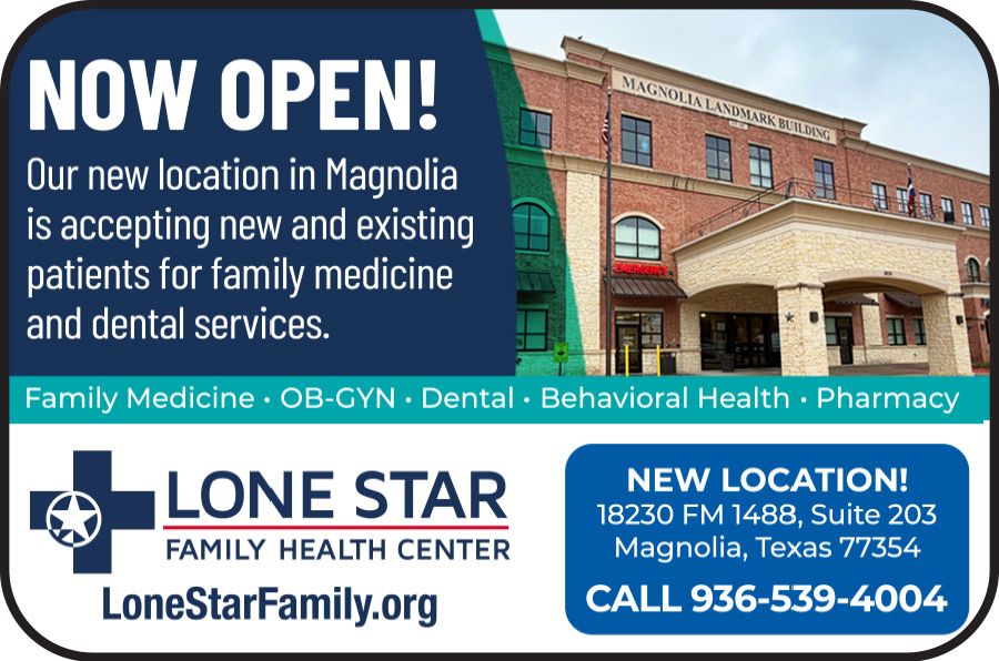 Lone Star Family Health Center Medicare ad with smiling doctor and patient, blue and white, appointment number 936-539-4004