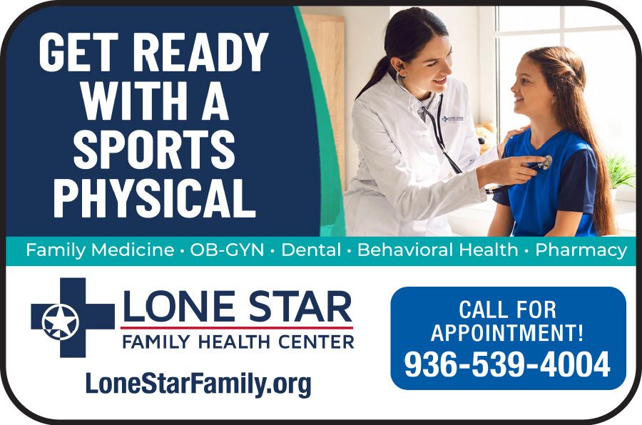 Lone Star Family Health Center ad for sports physicals, with doctor examining a child and appointment phone number.