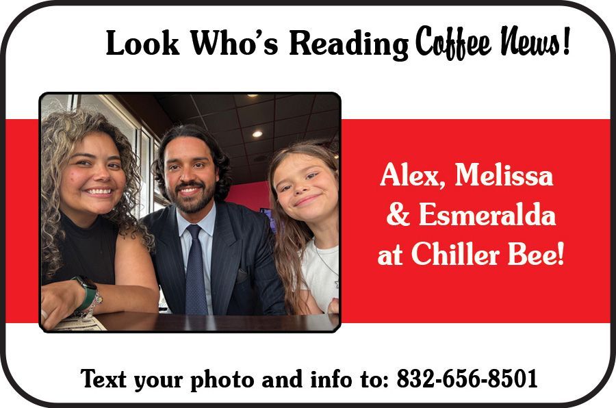 Three people posing for Coffee News at Chiller Bee, with red-and-white text and a photo submission number.