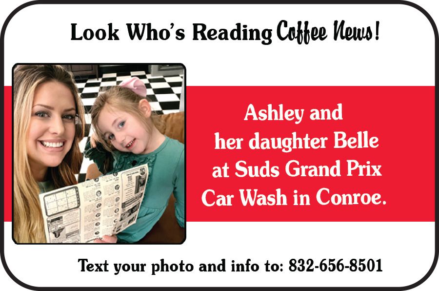 A person holding a Coffee News paper in a Jersey Mike’s restaurant. Below the image is the number 832-656-8501.