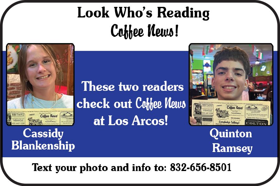 Promotional graphic for Coffee News featuring Cassidy Blankenship and Quinton Ramsey as “Look Who’s Reading” readers at Los Arcos.