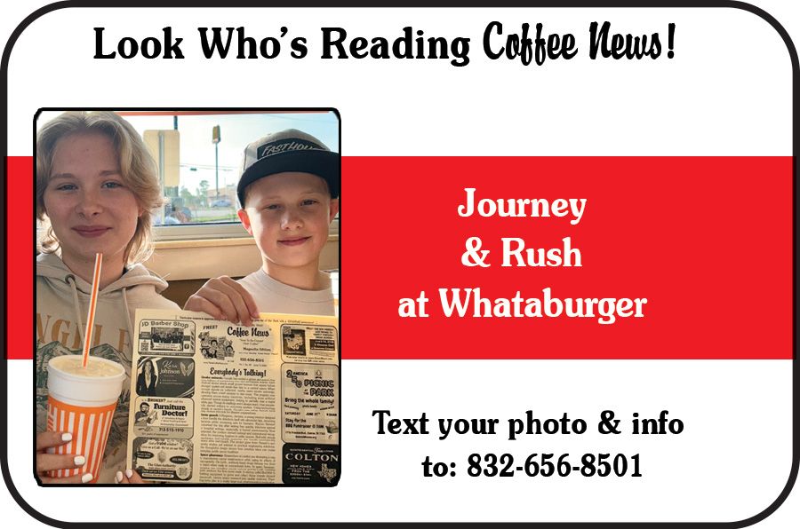 Woman and child holding Coffee News at Whataburger ad with “Journey & Rush” and text number 832-656-8501