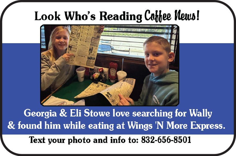 Kids at Wings N More Express with caption about finding Wally while reading Coffee News.