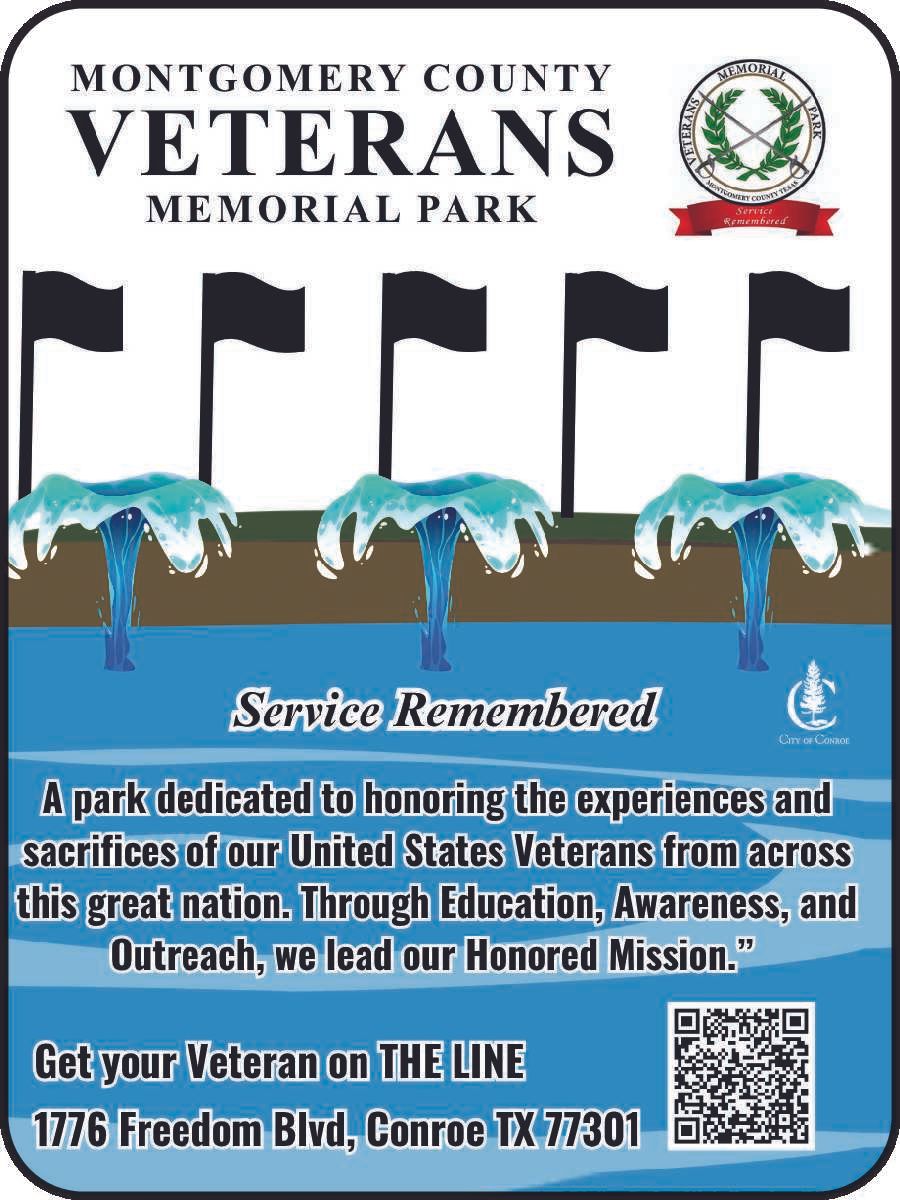 Montgomery County Veterans Memorial Park poster with fountains, flag silhouettes, and veteran support information.