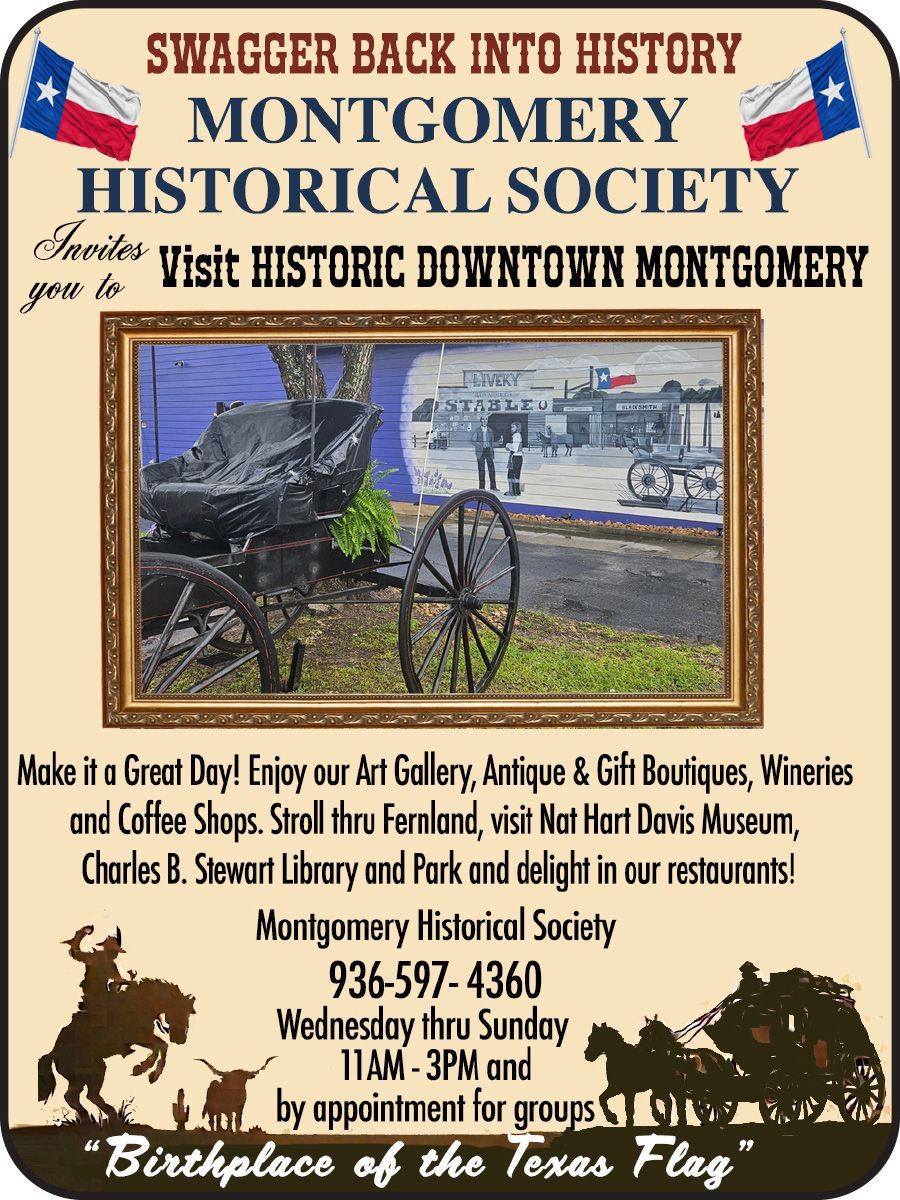 Montgomery Historical Society flyer with mission statement, website info, events, and contact details on tan background