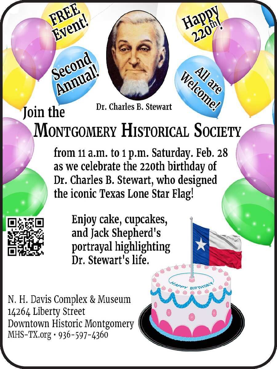 Montgomery Historical Society flyer: Website and contact info with Texas flag and 2026 message.