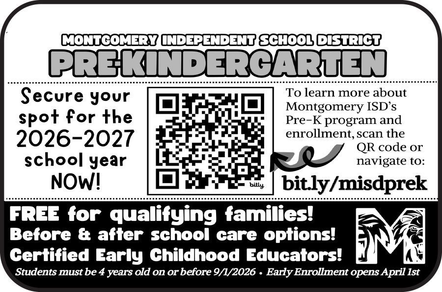Montgomery ISD Pre-K recruitment flyer for 2026-2027 featuring a QR code and URL for enrollment information.