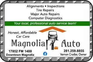 Business card for Magnolia Auto, offering car repairs. Includes services list, contact info, and logo with car icon.