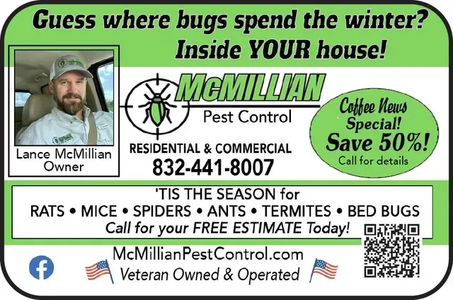 Pest control ad: Man in a truck, logo, text about bugs and savings, and contact info.