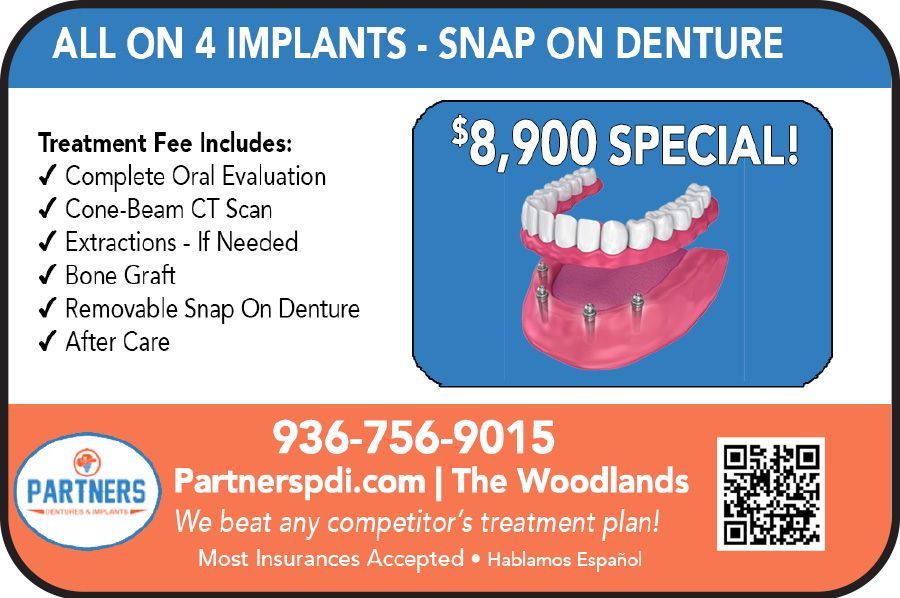 Dental implant special advertisement: smiling patient, denture model, price $4,999, blue background, limited time.