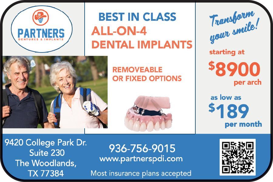 Dental implant special advertisement: smiling patient, denture model, price $4,999, blue background, limited time.