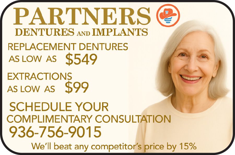 Partners Dentures and Implants ad with smiling woman and consultation offer, beige and gold design