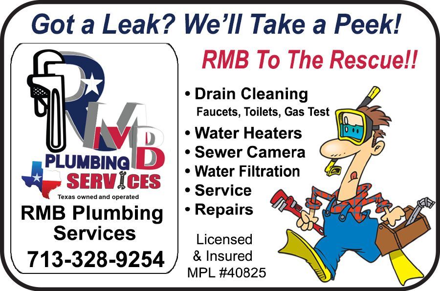Plumbing services ad with logo and services listed. Cartoon man struggling.