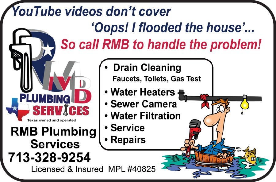 Plumbing services ad with logo and services listed. Cartoon man struggling.