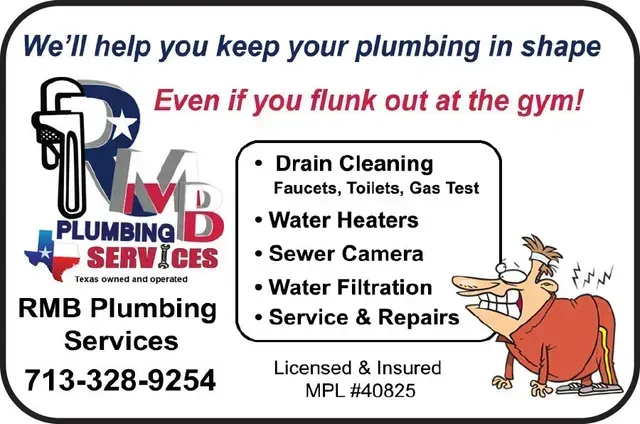 Plumbing services ad with logo and services listed. Cartoon man struggling.