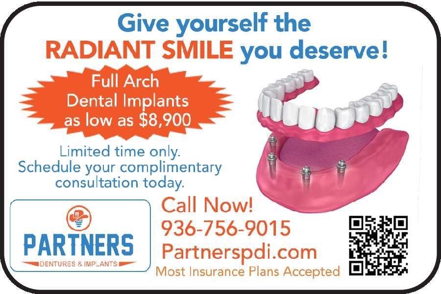 Dental implant ad with pink dentures, “RADIANT SMILE” headline, Partners logo, phone number, and QR code.