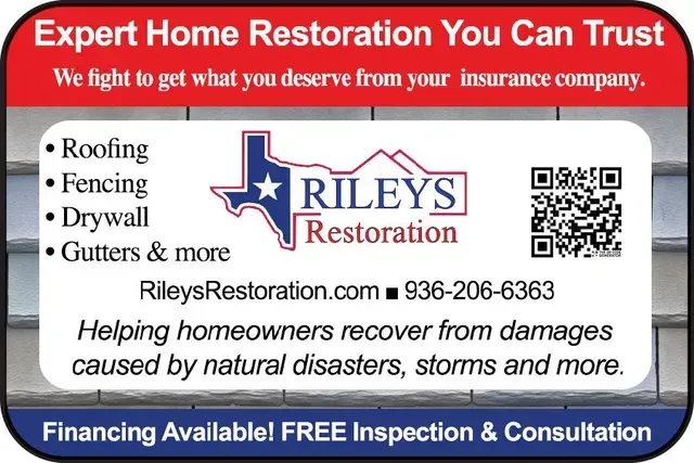 Advertisement for Riley's Restoration, offering home restoration services in Texas.