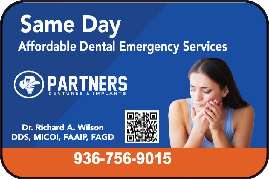 Dental implant special advertisement: smiling patient, denture model, price $4,999, blue background, limited time.