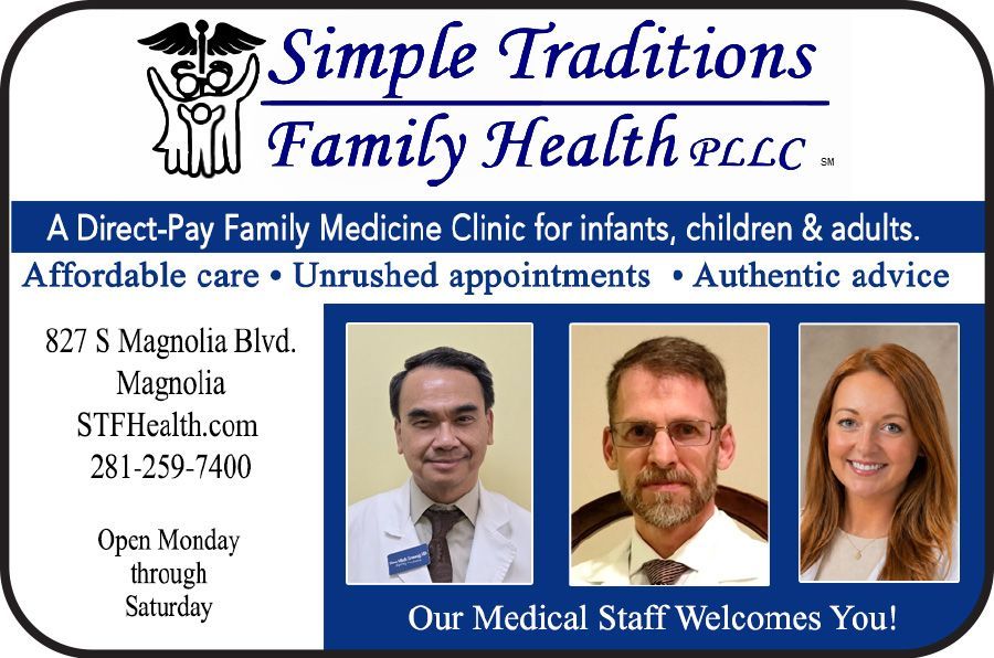 Simple Traditions Family Health clinic flyer with blue header, service details, and three staff portraits