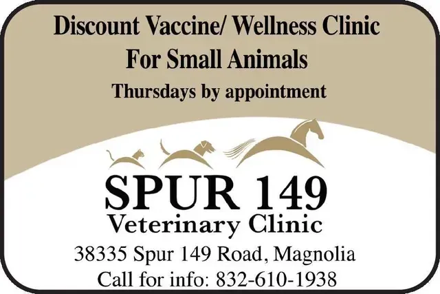 Advertisement for Spur 149 Veterinary Clinic. Includes clinic address and phone number.