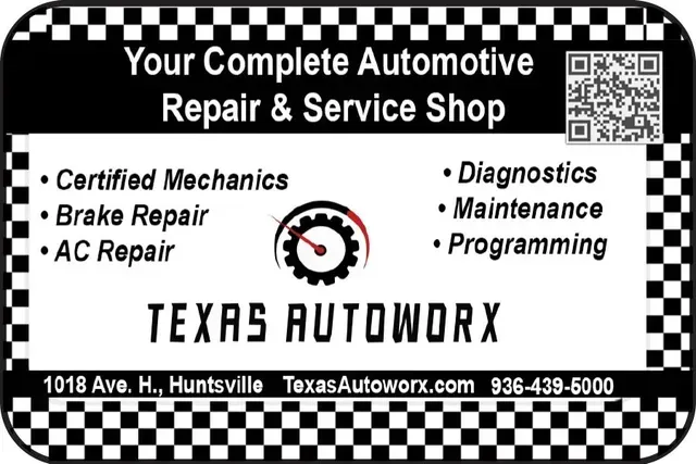 Black and white advertisement for Texas Autoworx, a car repair shop in Huntsville, TX.