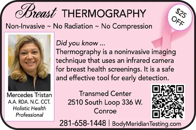 Pink breast thermography advertisement with woman, 
