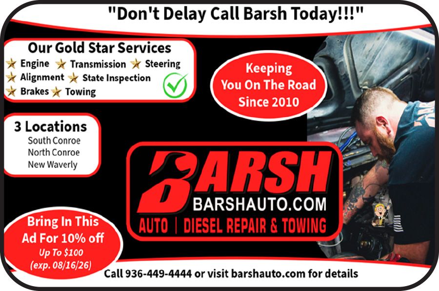 Barsh Auto Service ad with red and black logo, towing and repair services, 3 locations, and phone number