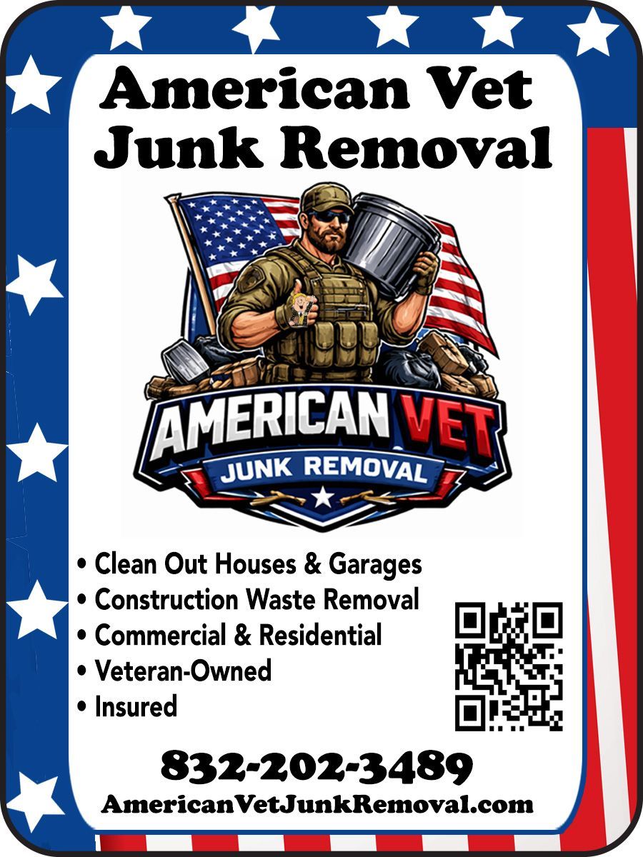 American Vet Junk Removal ad with patriotic blue border, logo, service list, phone number, and website.