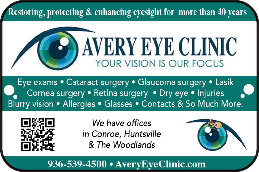 Advertisement for Avery Eye Clinic, offering eye care services. 