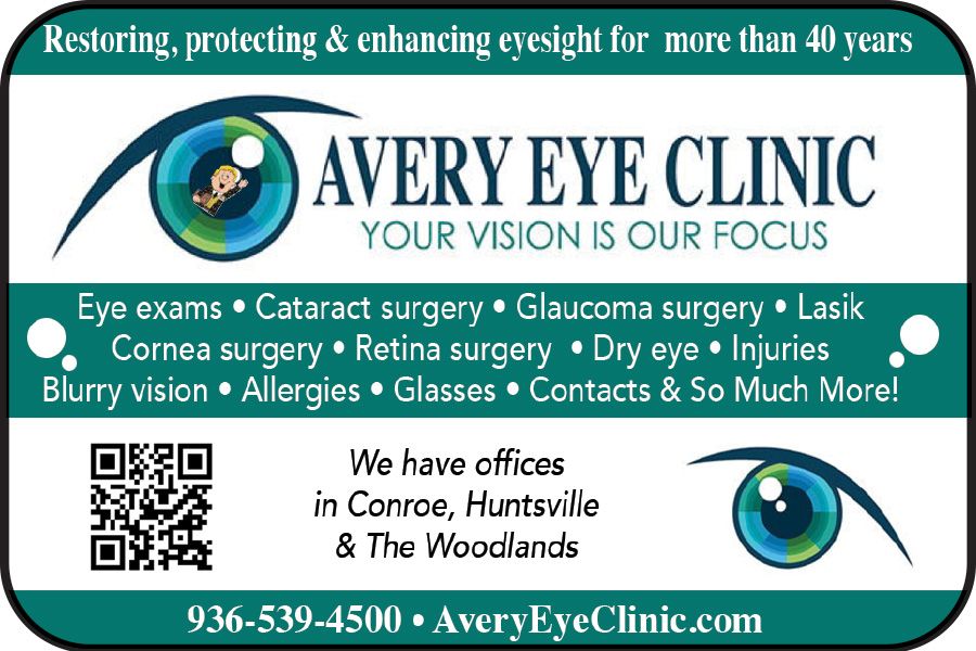 Advertisement for Avery Eye Clinic, offering eye care services. 