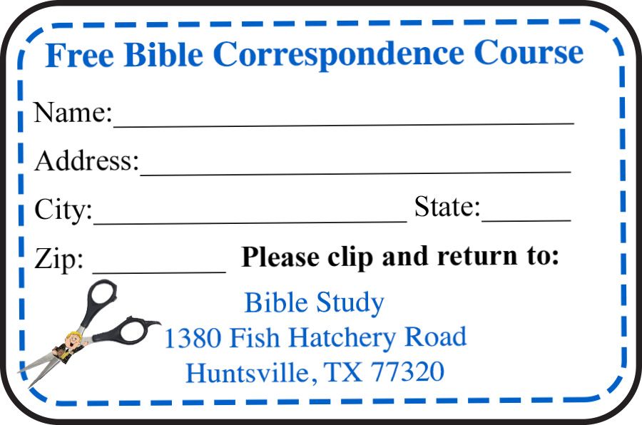 Label for a free Bible correspondence course.