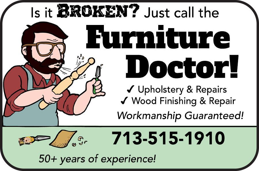 Furniture Doctor repair ad with cartoon repairman, tools, services, phone number, and 