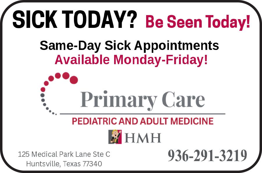 Advertisement for Primary Care clinic: Same-day sick appointments. Features logo, address, and phone number.