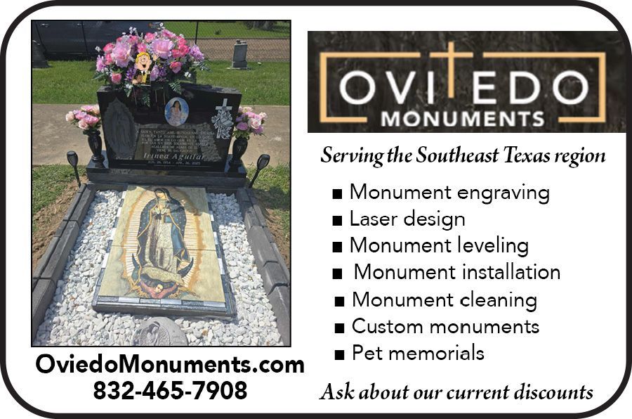 Advertisement for Oviedo Monuments showing a grave marker with a religious image, services list, phone number, and URL.