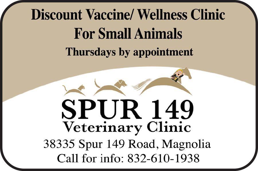 Advertisement for Spur 149 Veterinary Clinic. Includes clinic address and phone number.