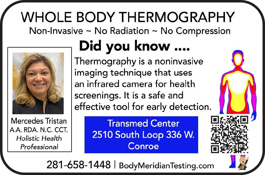 Whole body thermography ad with clinician photo, body silhouette, blue location box, and contact info